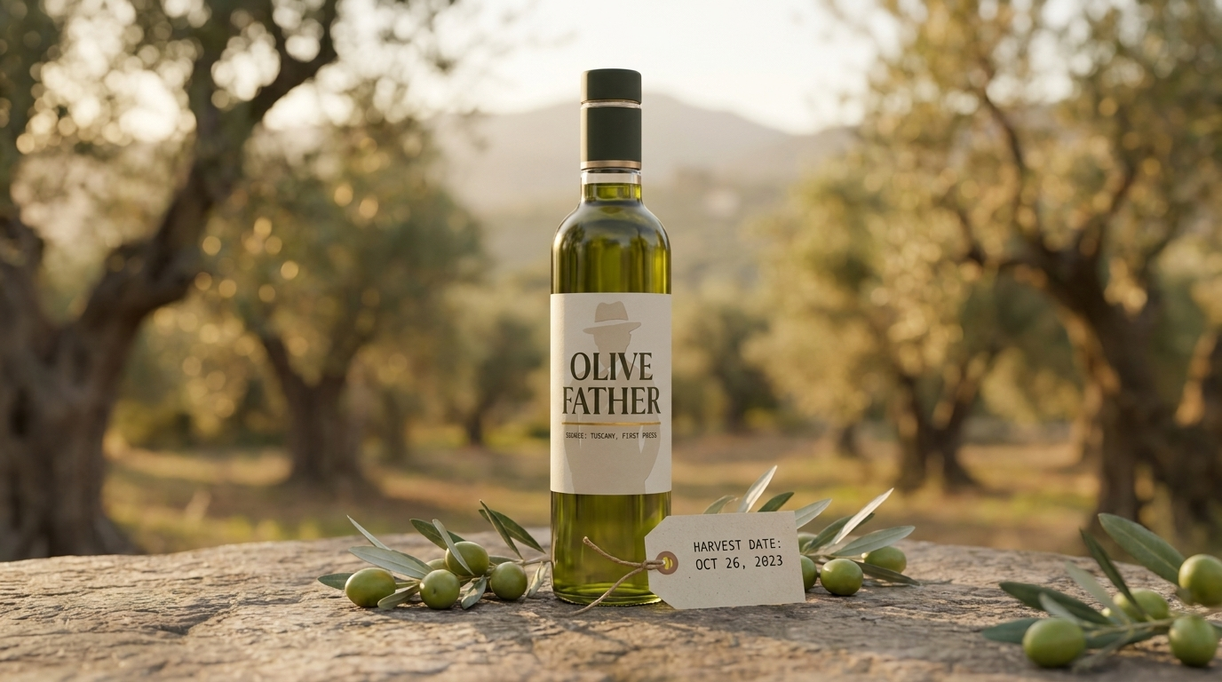 Olive Father bottle beside a stamped harvest date tag and fresh green olives