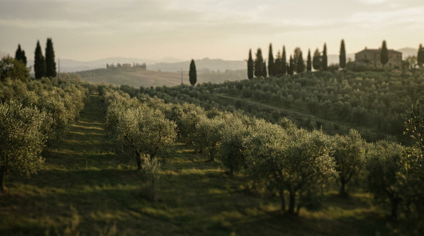 Tuscan olive groves at golden hour with cypress trees on the ridgeline between Siena and Florence