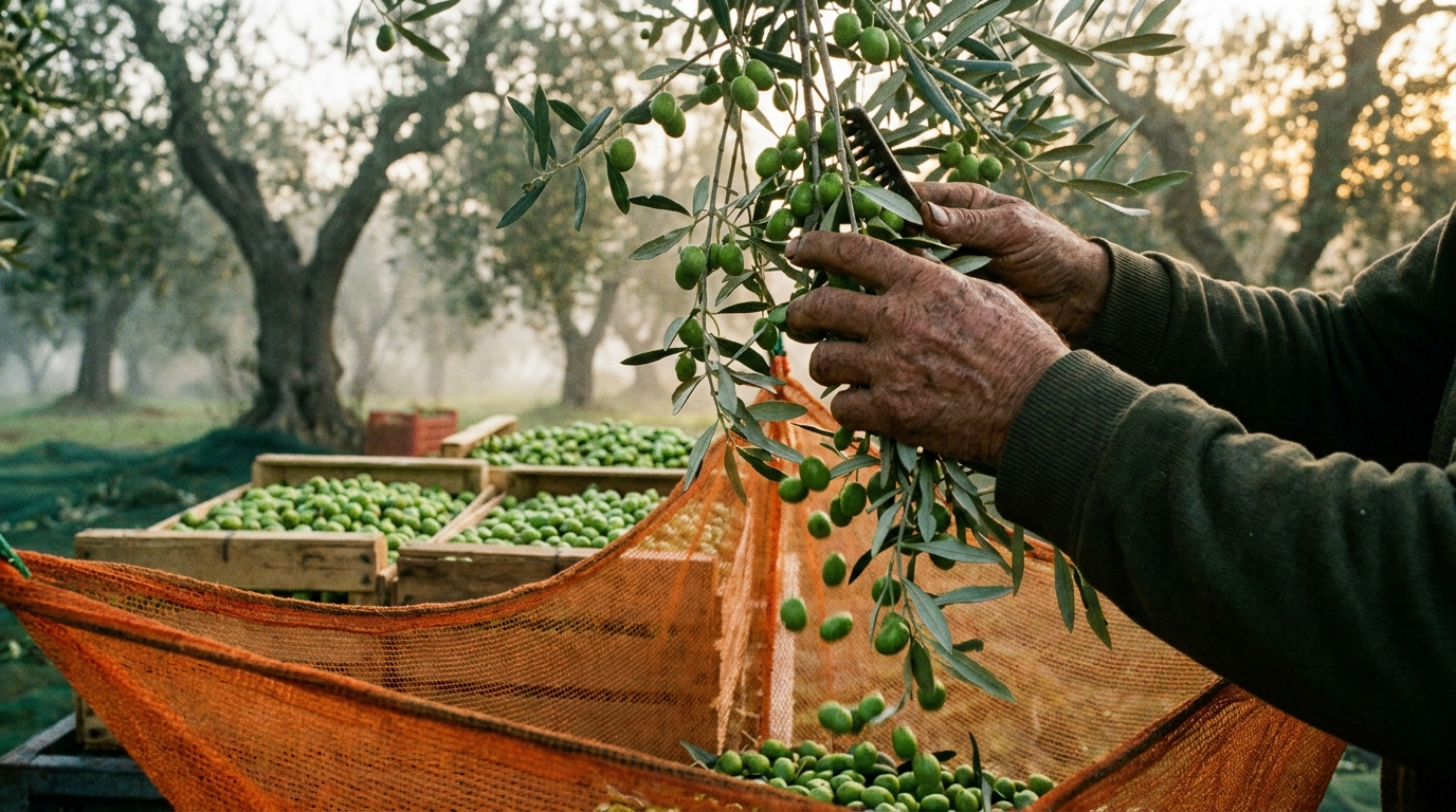 Weathered hands combing bright green olives into a harvest net at dawn in a Calabrian grove