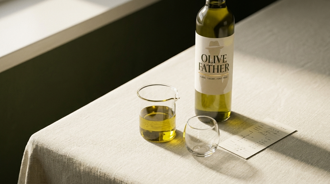 Olive Father bottle beside a laboratory beaker of golden-green extra virgin olive oil and a tasting glass