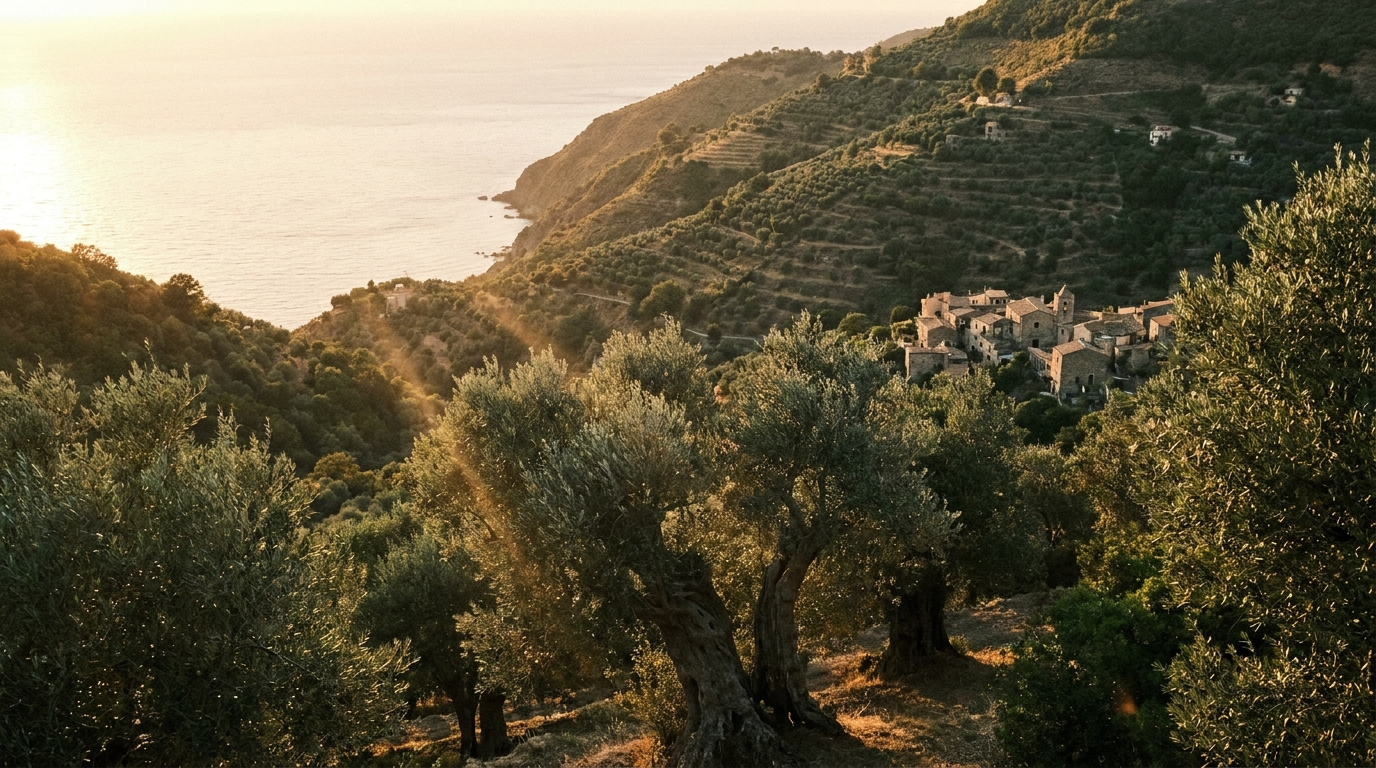 Ancient olive groves on terraced Calabrian hills above the sea at golden hour