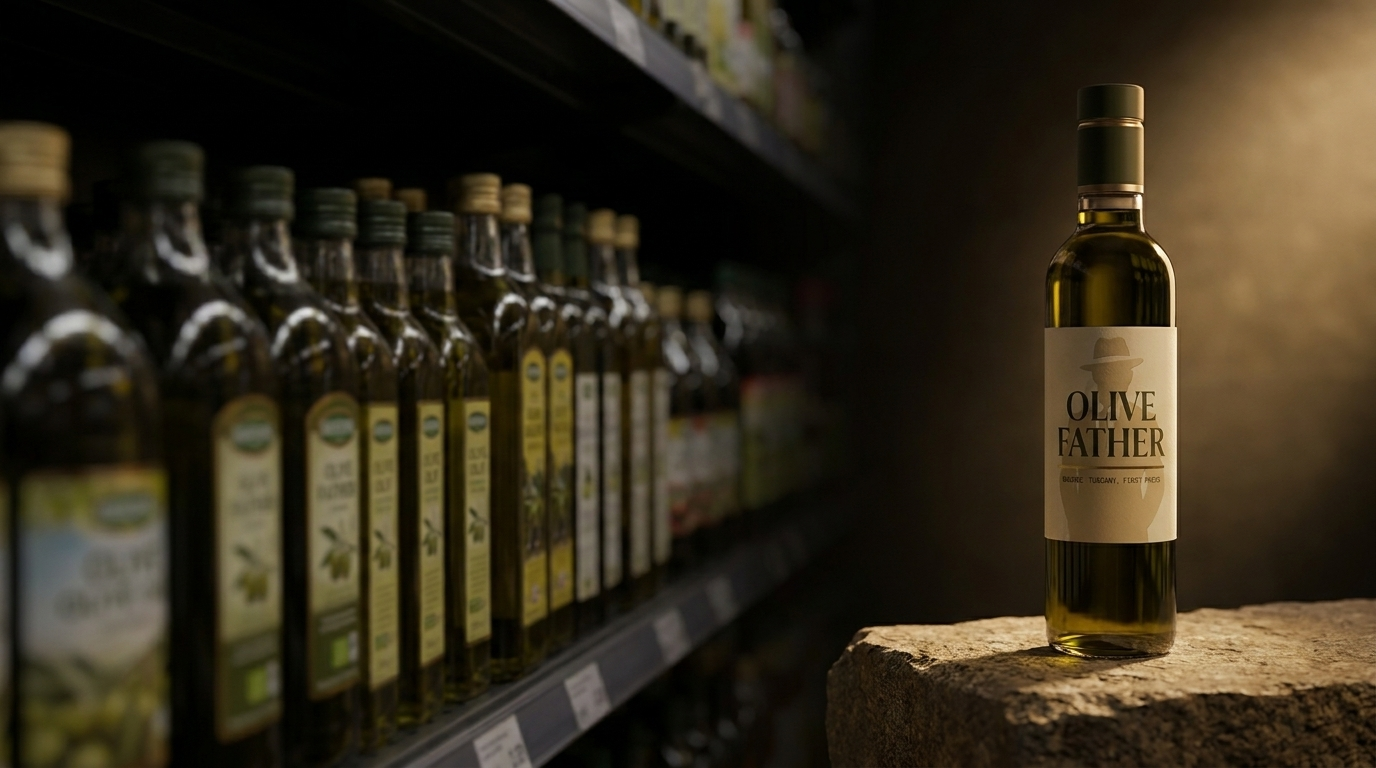 A single premium olive oil bottle standing apart from a shelf of anonymous blended oils