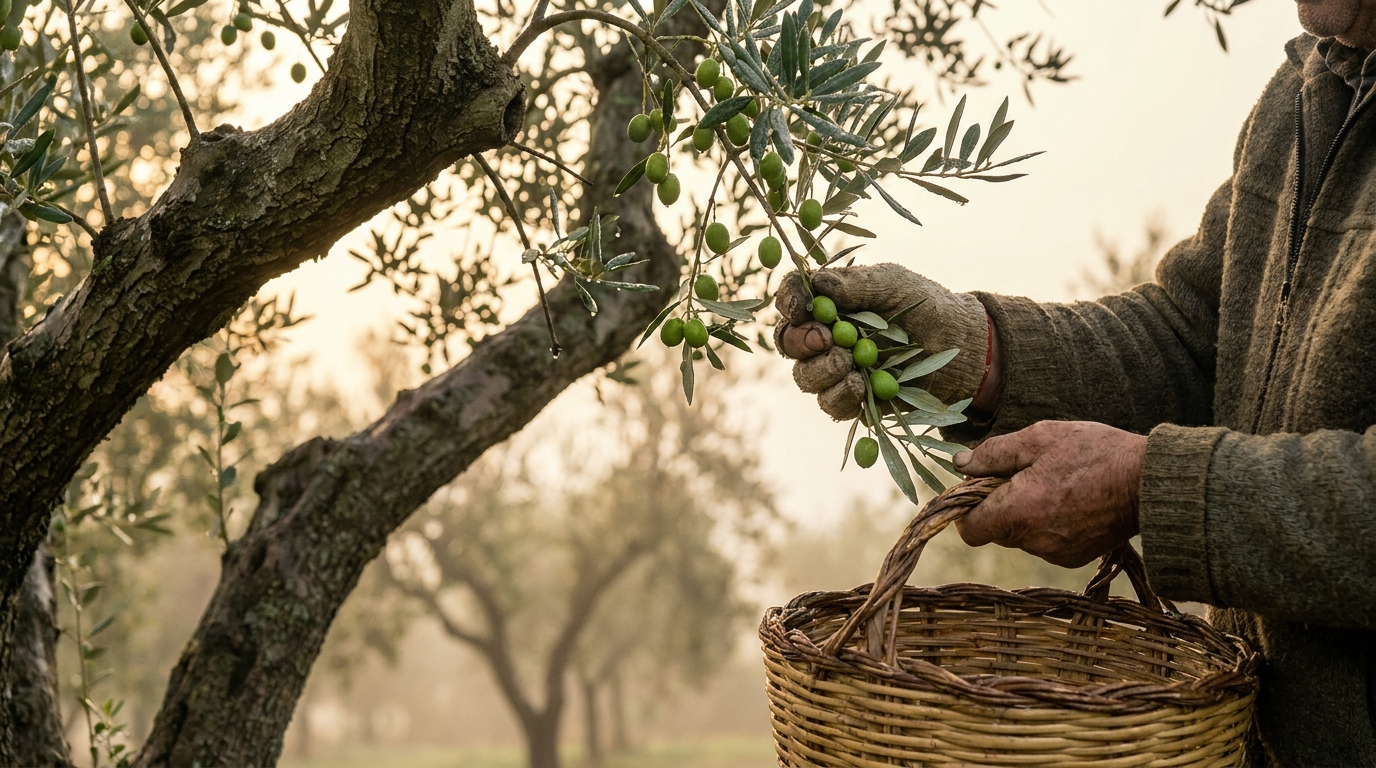 Farmer's hands picking hard green olives into a woven basket at dawn in a Calabrian grove