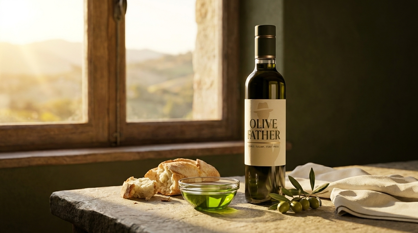 Olive Father bottle on a stone farmhouse table with green olive oil, bread and olives, Calabrian hills through the window