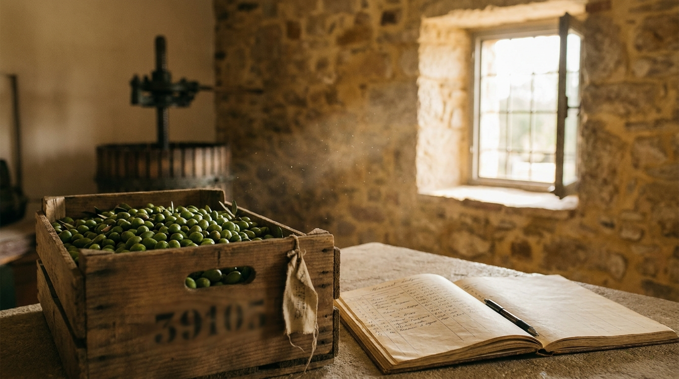 Handwritten harvest ledger beside a lot-numbered crate of green olives in a small Italian olive mill