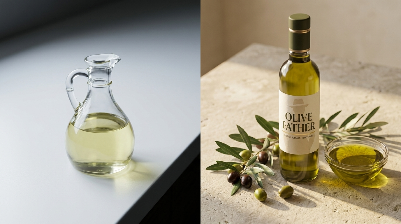 Pale refined vegetable oil beside a bottle of vivid green-gold extra virgin olive oil