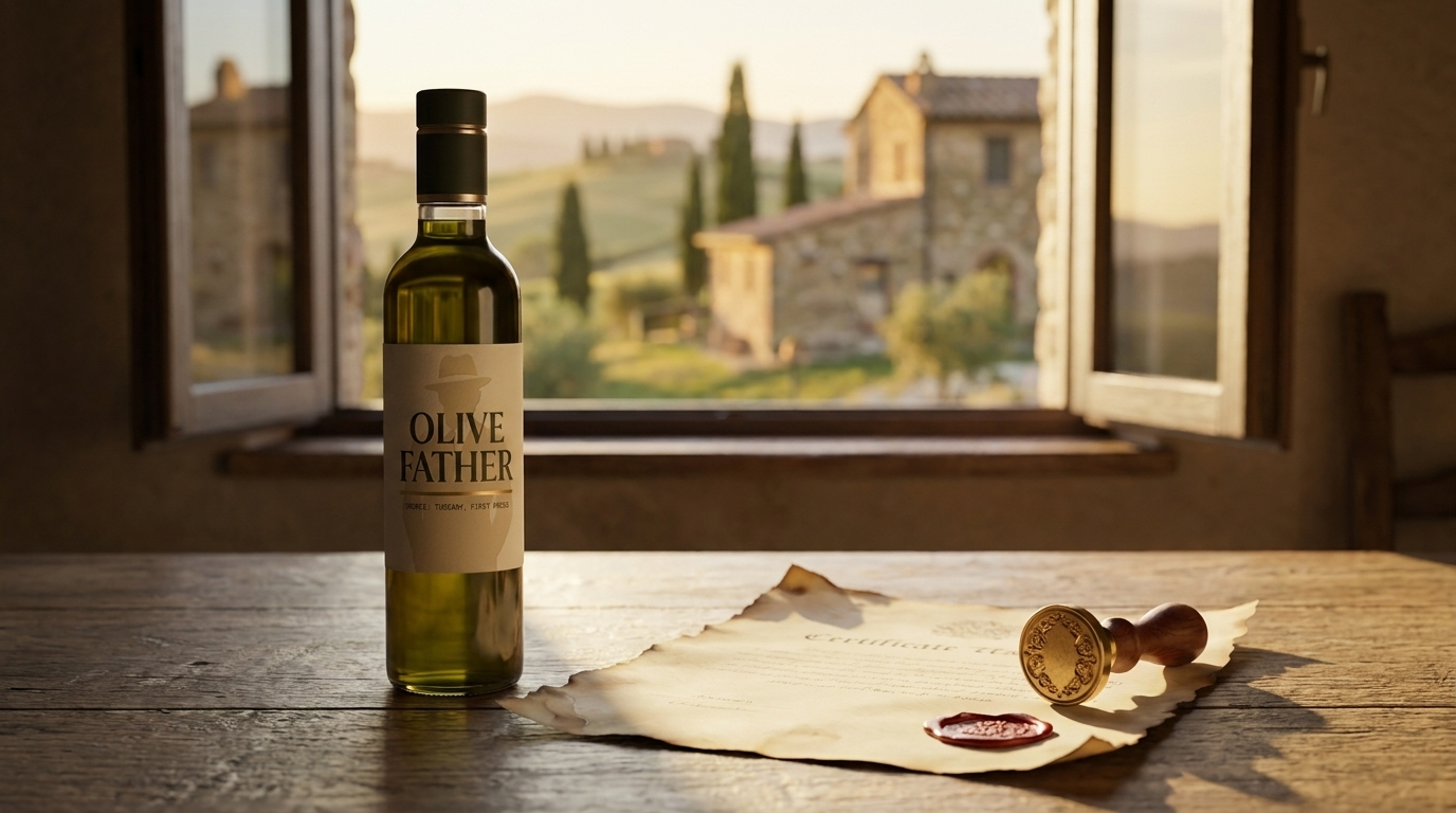 Protected-origin Italian olive oil bottle beside a wax-sealed certificate in a Tuscan farmhouse