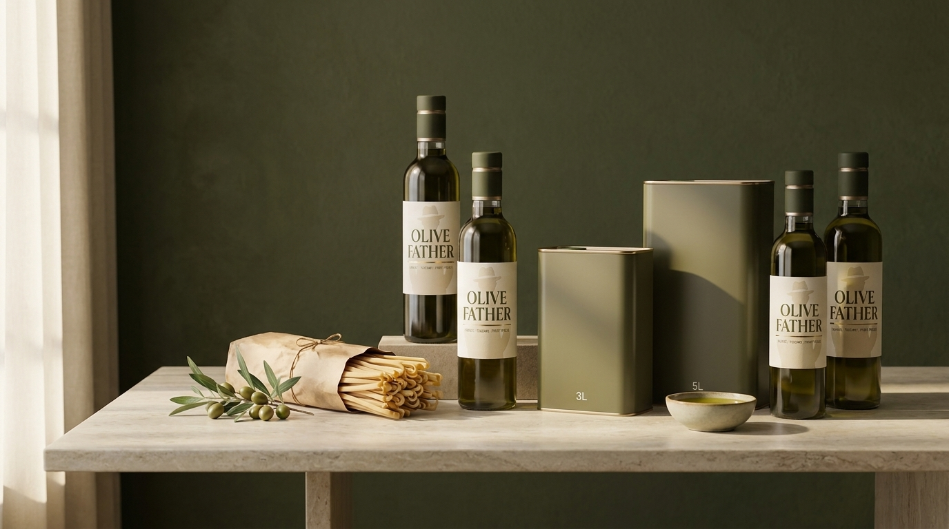 The Olive Father range: dark glass extra virgin olive oil bottles, olive-toned tins and bronze-drawn pasta on a stone table