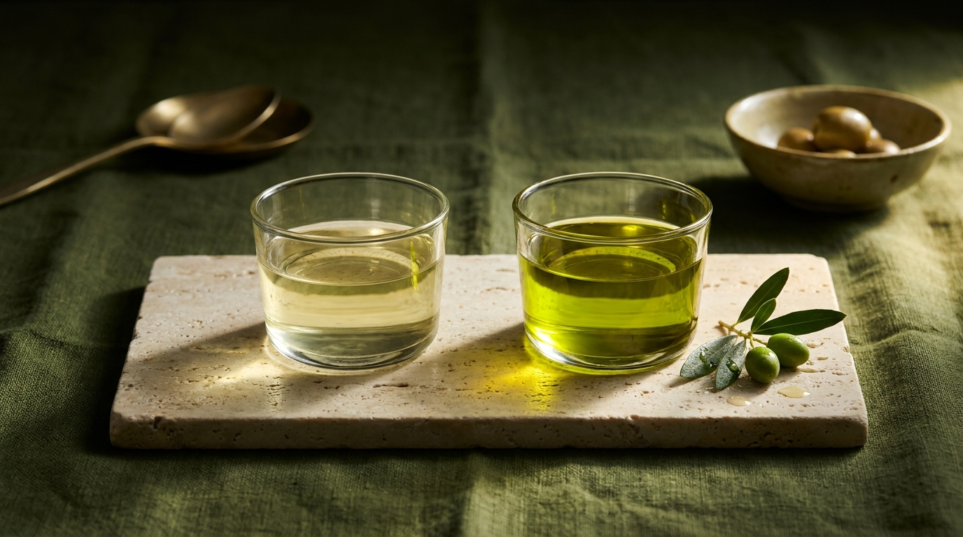 Two tasting cups compared side by side: pale refined olive oil next to vivid green-gold extra virgin olive oil