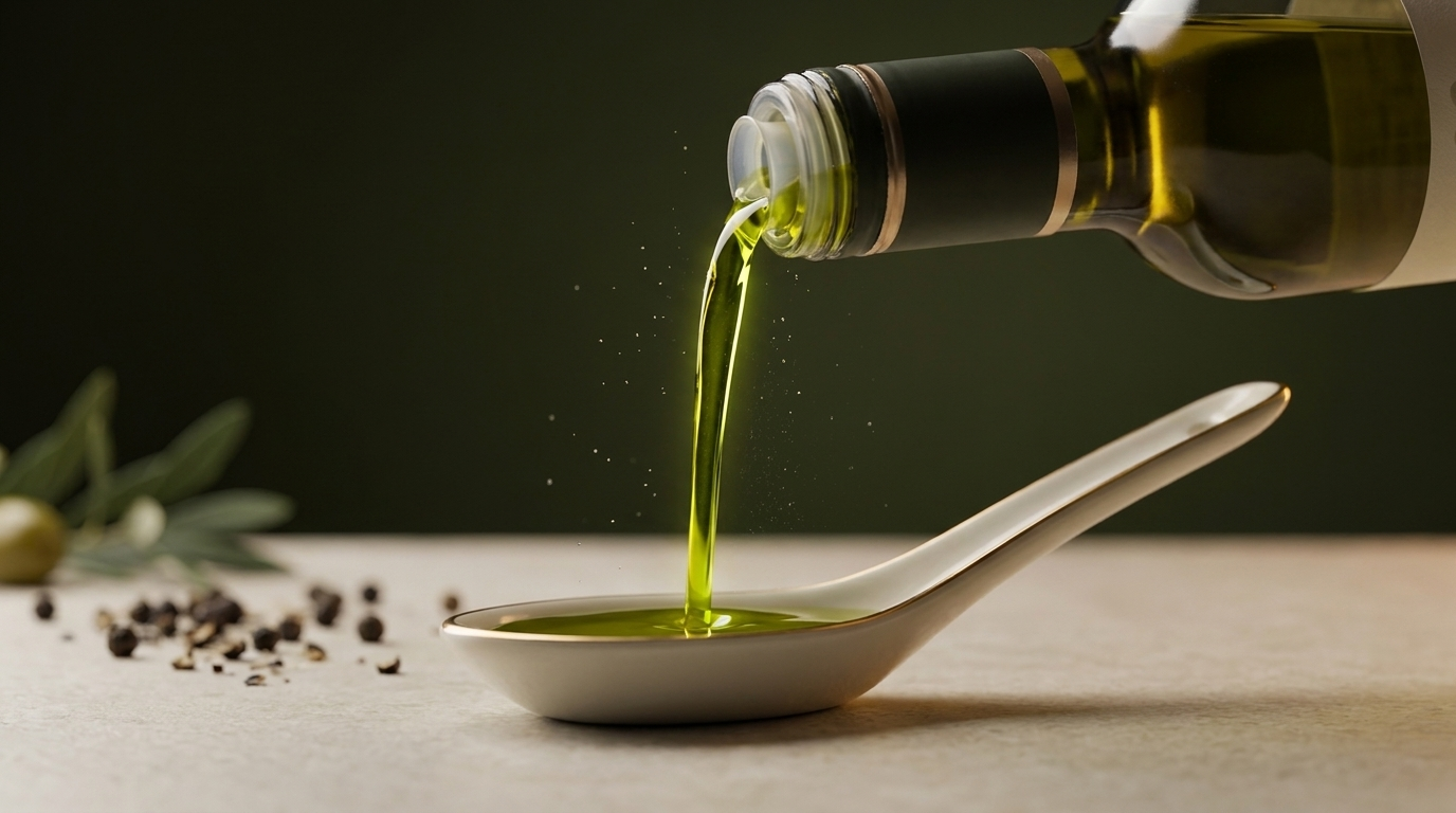 Green-gold extra virgin olive oil pouring onto a tasting spoon, backlit to show its peppery intensity