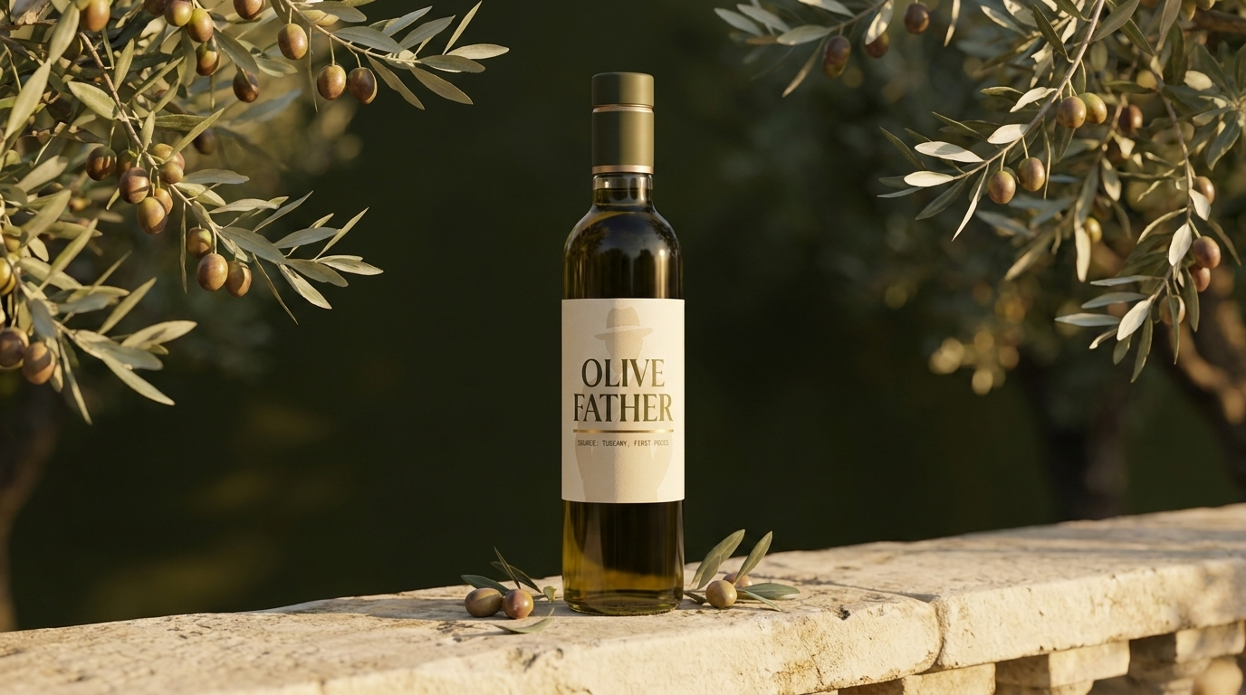 Olive Father Organic Extra Virgin Olive Oil bottle on a stone ledge in the Calabrian grove at golden hour, framed by olive branches