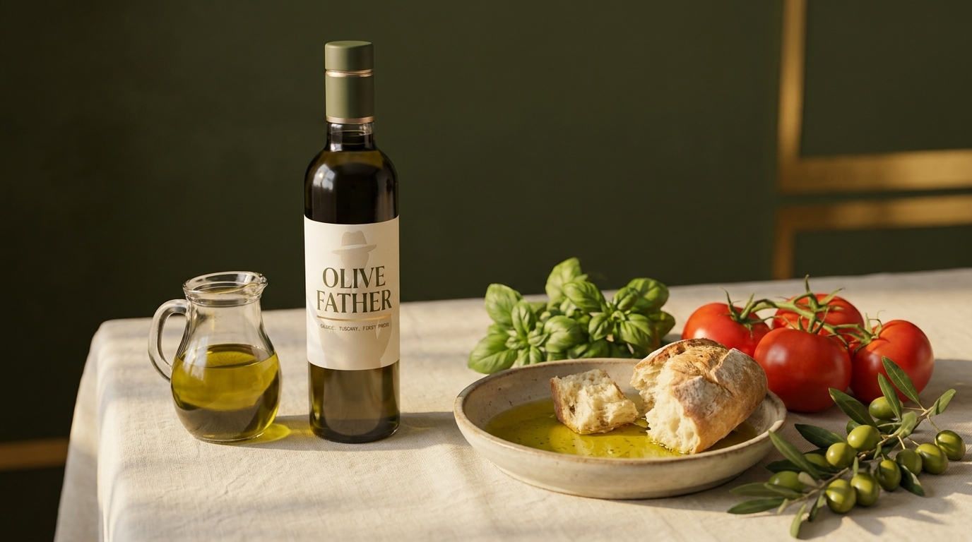 A bottle of Olive Father extra virgin olive oil on a sunlit Mediterranean breakfast table with bread, tomatoes and a bowl of golden oil
