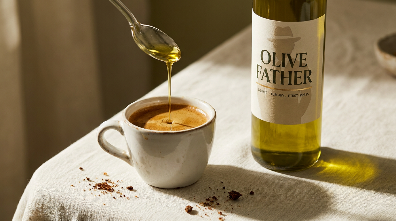 A spoon drizzling golden extra virgin olive oil into an espresso beside a bottle of Olive Father olive oil