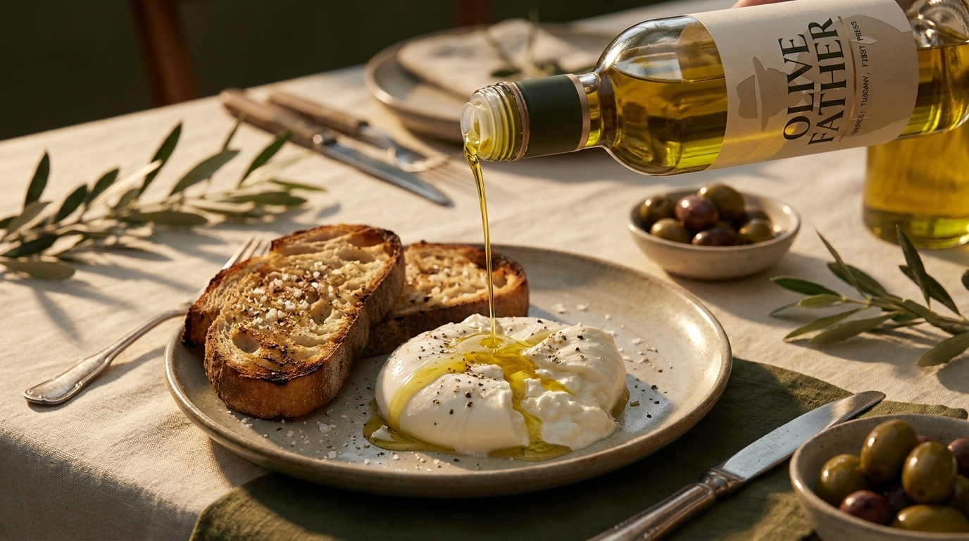 A golden thread of extra virgin olive oil being poured from a bottle over burrata and charred bread at golden hour
