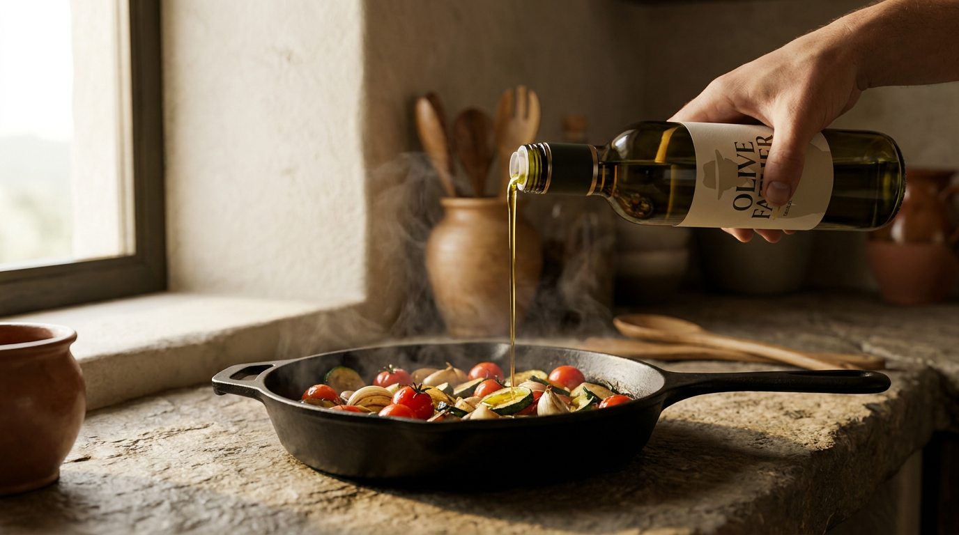 A golden ribbon of extra virgin olive oil poured from an Olive Father bottle into a cast-iron skillet of searing vegetables