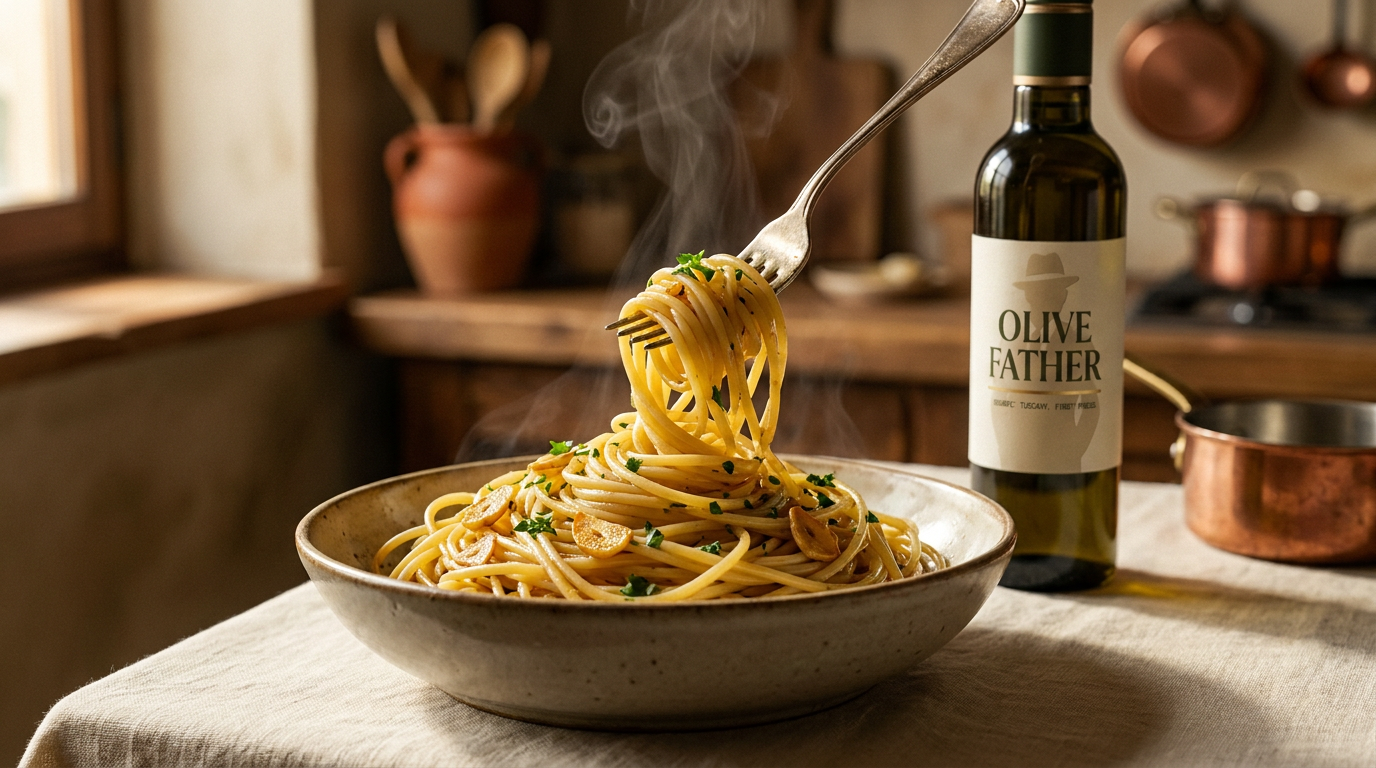 A bowl of bronze-cut spaghetti glistening with extra virgin olive oil, garlic and parsley beside a bottle of Olive Father olive oil