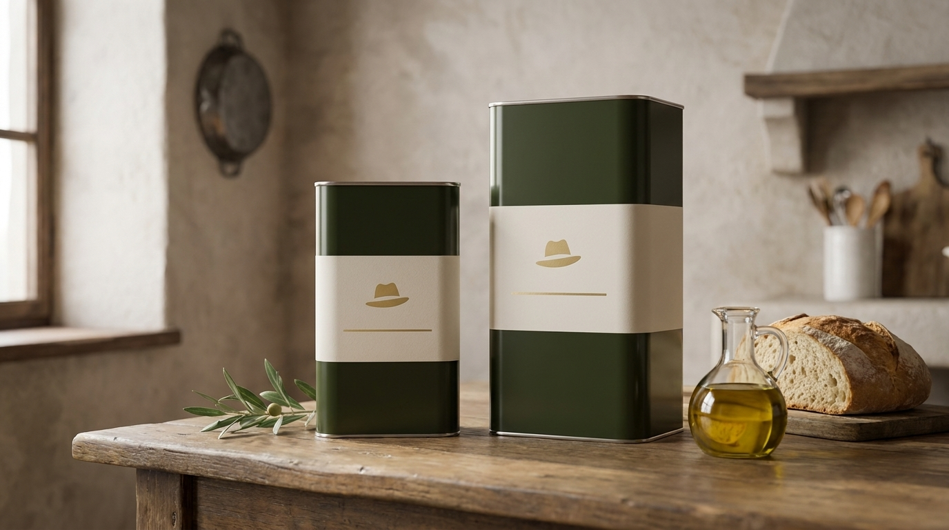 Olive Father 3 litre and 5 litre tins of organic extra virgin olive oil on a farmhouse counter with bread and a cruet of golden oil