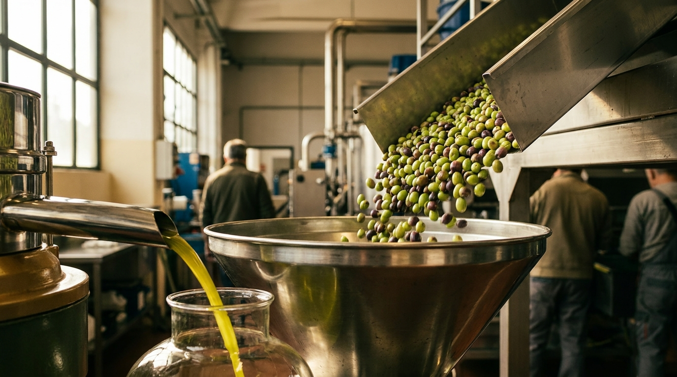 Fresh olives entering a stainless steel mill as a ribbon of green-gold extra virgin olive oil flows from the separator