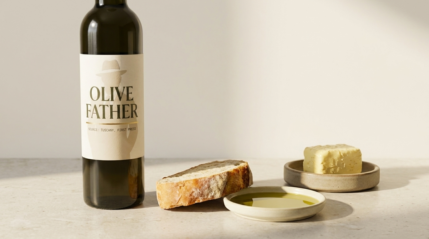 An Olive Father bottle beside a block of butter, rustic bread and a saucer of green-gold olive oil on a stone counter