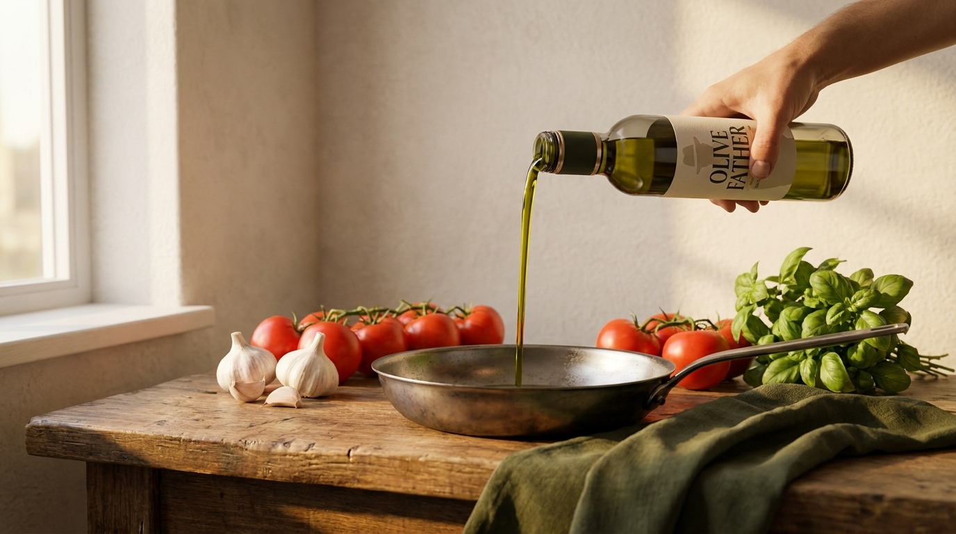 A hand pours Olive Father Classic Extra Virgin Olive Oil from the dark glass bottle into a steel pan beside tomatoes, garlic and basil