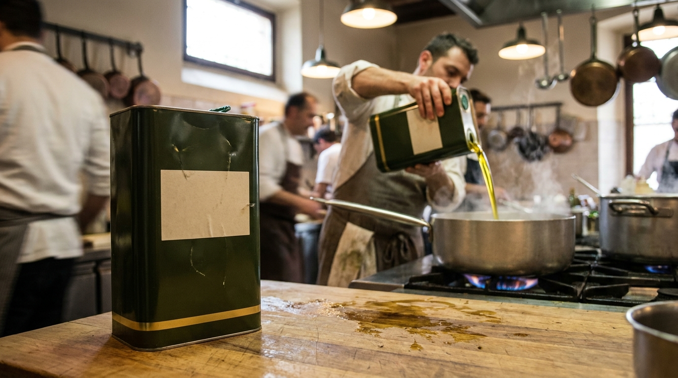 A 5 litre tin of Olive Father classic extra virgin olive oil on the counter of a busy Italian trattoria kitchen, a cook pouring oil into a pan behind