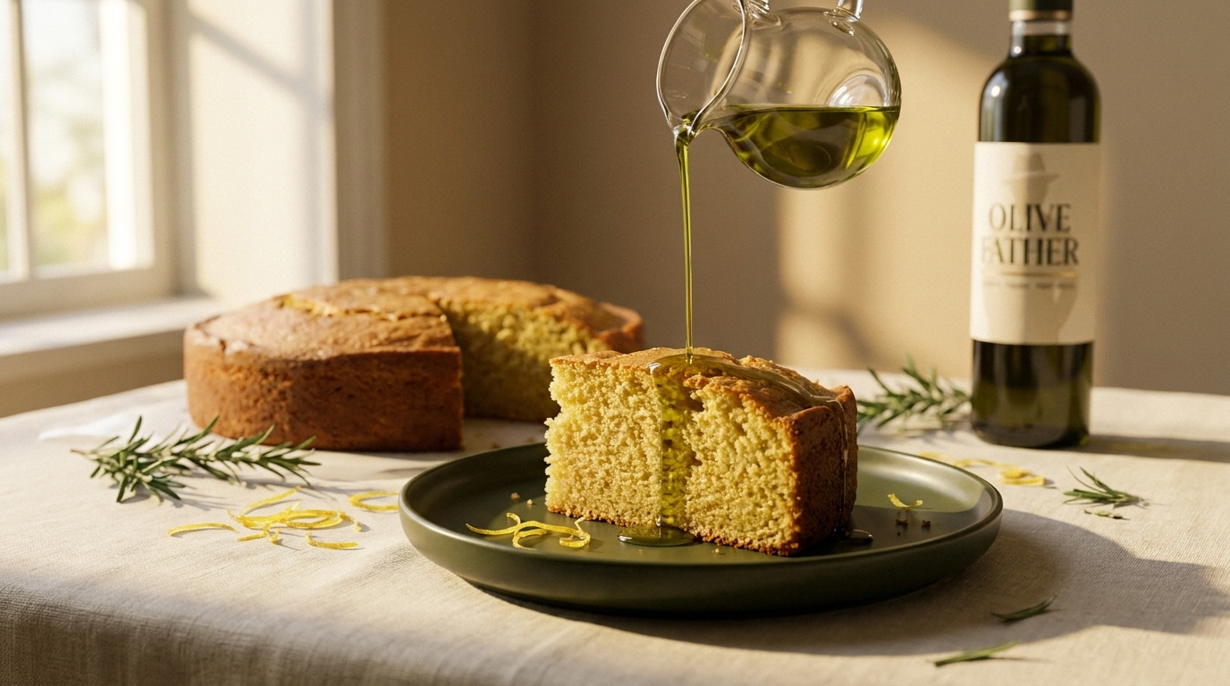 Rustic Italian olive oil cake with a slice cut, extra virgin olive oil being drizzled over the golden crumb