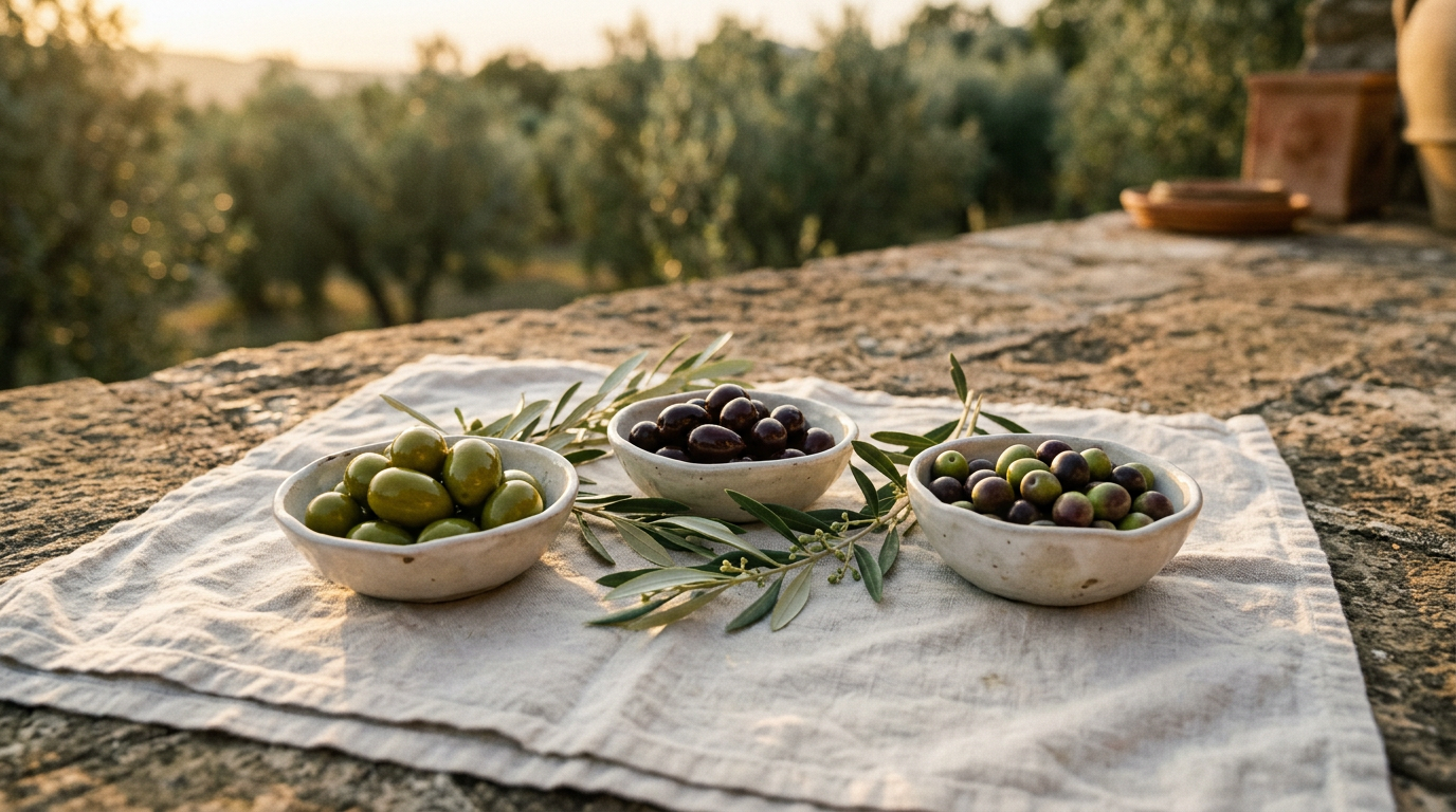 Three ceramic bowls of different Italian olive varieties — Frantoio, Coratina and Ottobratica — on linen with olive branches