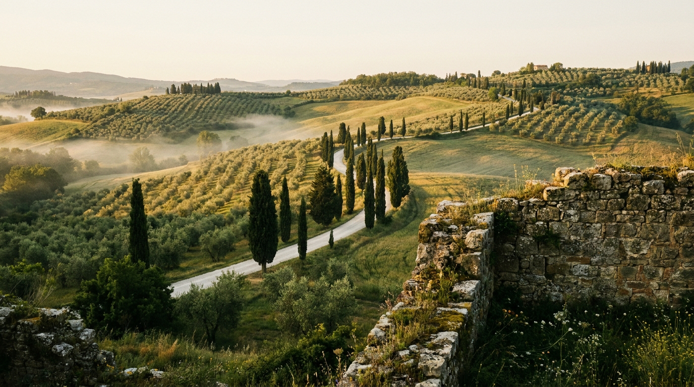Tuscan olive country at golden hour between Siena and Florence: rolling hills of silver-green olive groves, cypress trees and an ancient stone wall in morning mist