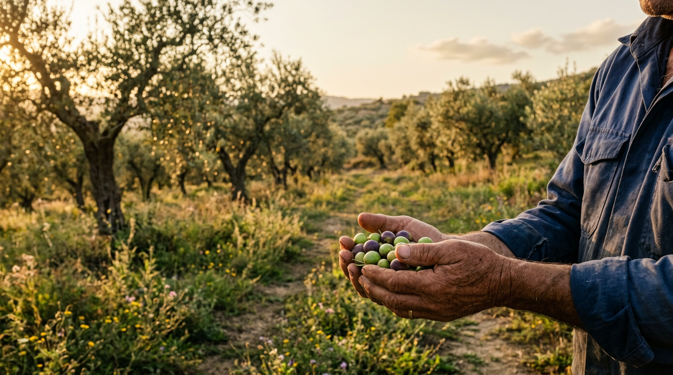 Farmer's hands cradling fresh olives in an organic Calabrian olive grove at golden hour, wild grasses growing between ancient trees