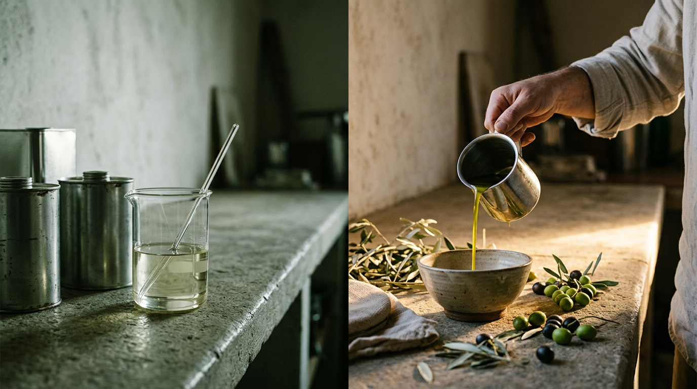 Pale refined pomace oil in a laboratory beaker beside industrial canisters, contrasted with vivid green-gold extra virgin olive oil being poured in warm light