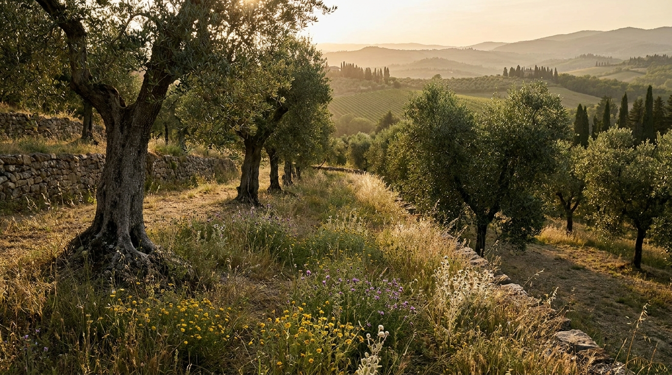 Organic Tuscan olive grove at golden hour with wildflowers and cover crops growing between terraced rows of olive trees