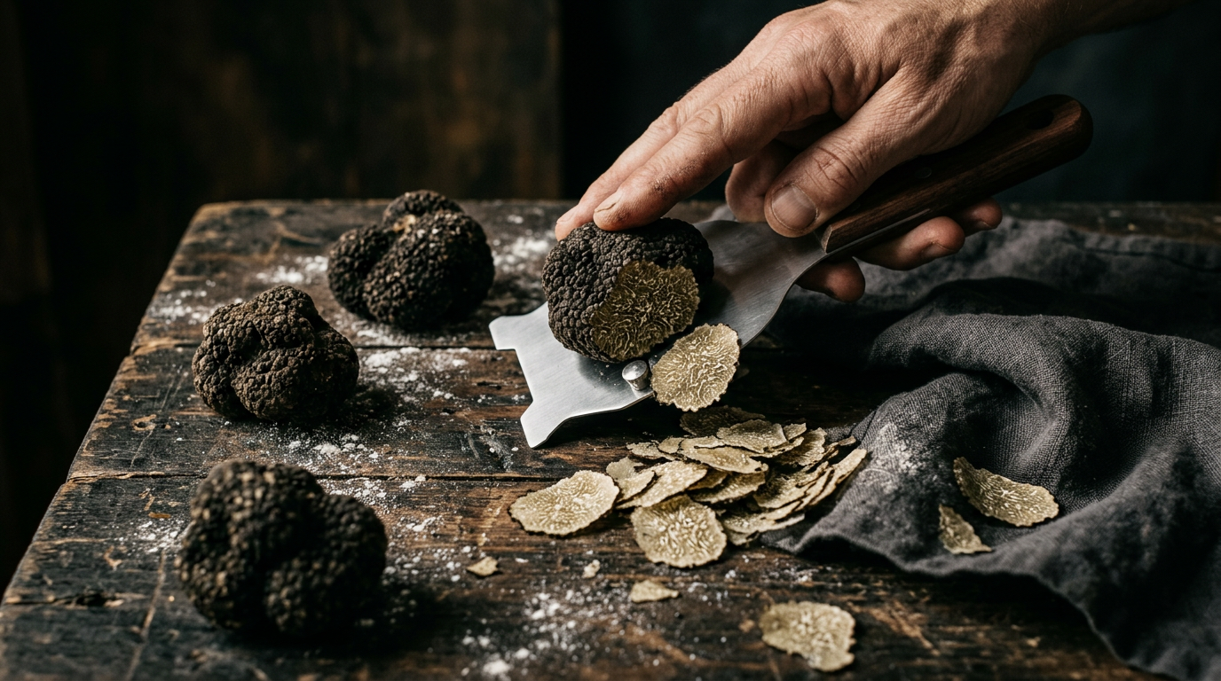 Fresh black truffles and shaved truffle slices on a dark wooden table in dramatic light