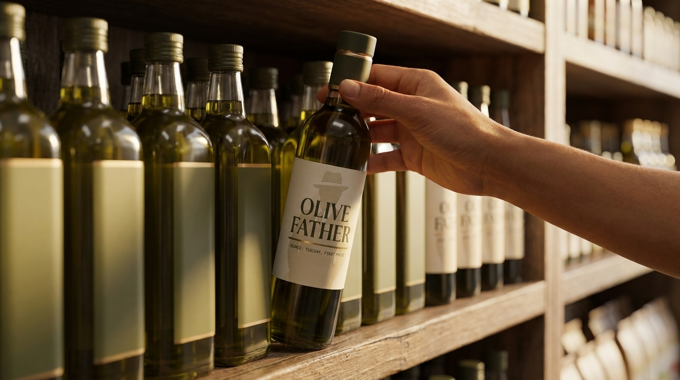 A hand choosing one distinctive bottle of extra virgin olive oil from a shelf of generic supermarket bottles