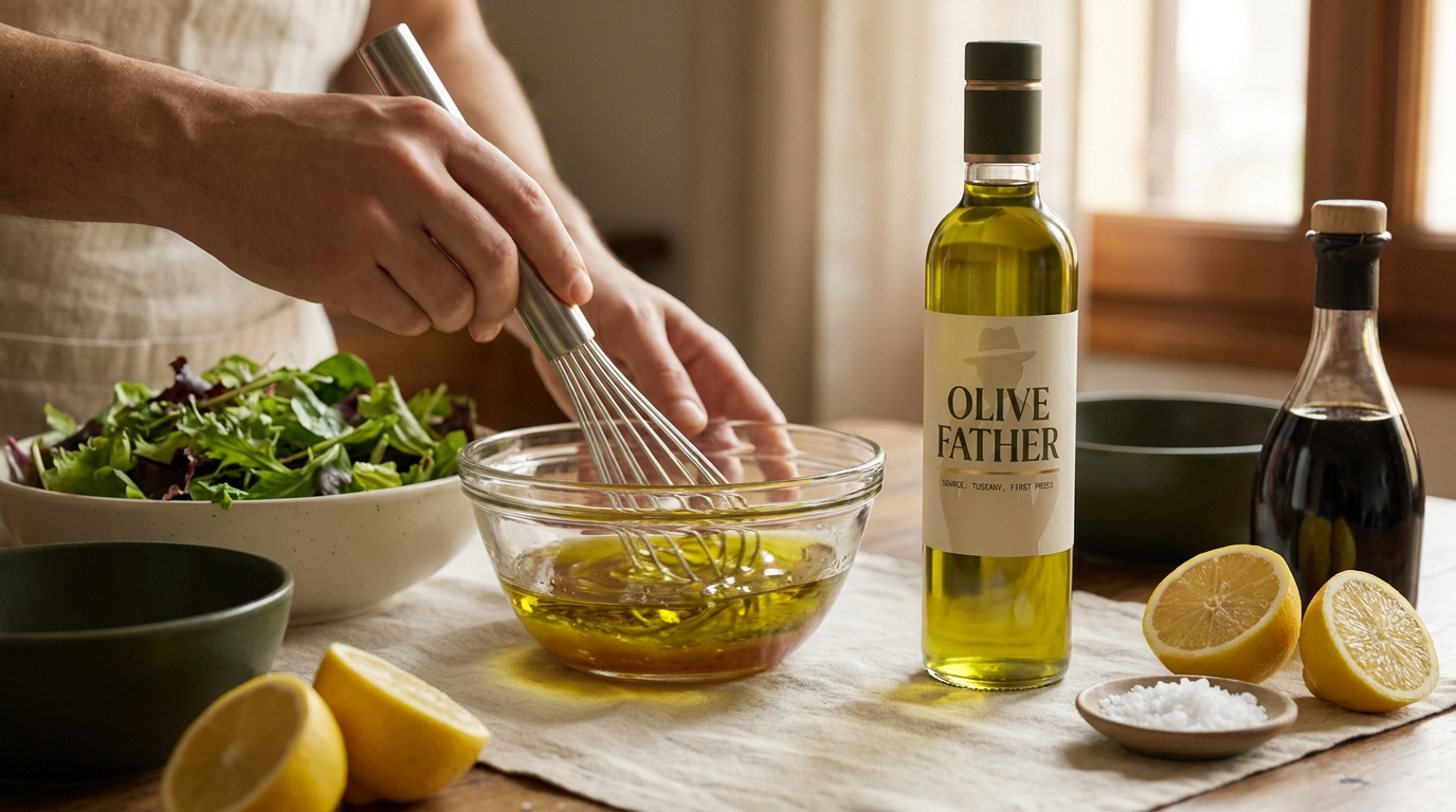 Whisking an olive oil vinaigrette in a rustic Italian kitchen beside a bowl of fresh salad and a bottle of Olive Father extra virgin olive oil