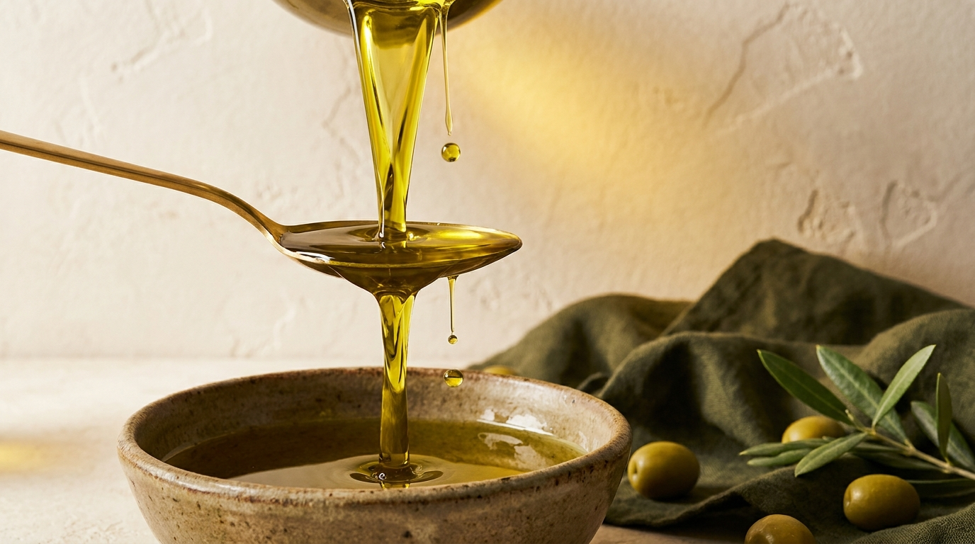 Golden ribbon of extra virgin olive oil pouring into a brass tablespoon over a ceramic bowl