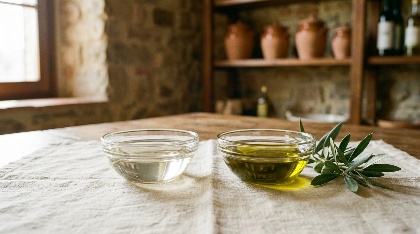 Side-by-side bowls of pale refined canola oil and green-gold extra virgin olive oil on a bone linen surface