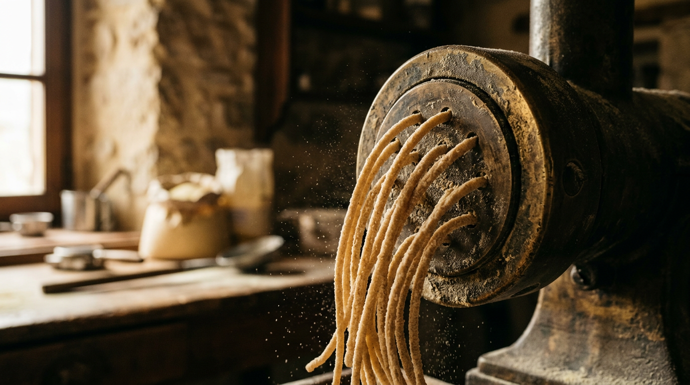 Fresh spaghetti extruded through an antique bronze die, strands emerging with a rough matte surface in warm workshop light