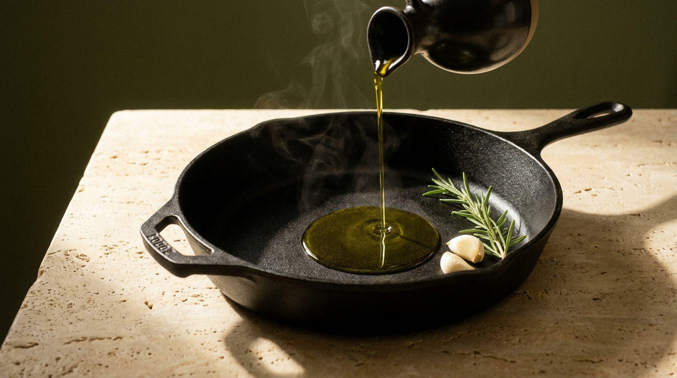 Extra virgin olive oil poured into a hot cast-iron skillet with rosemary and garlic, showing that olive oil is safe to cook with