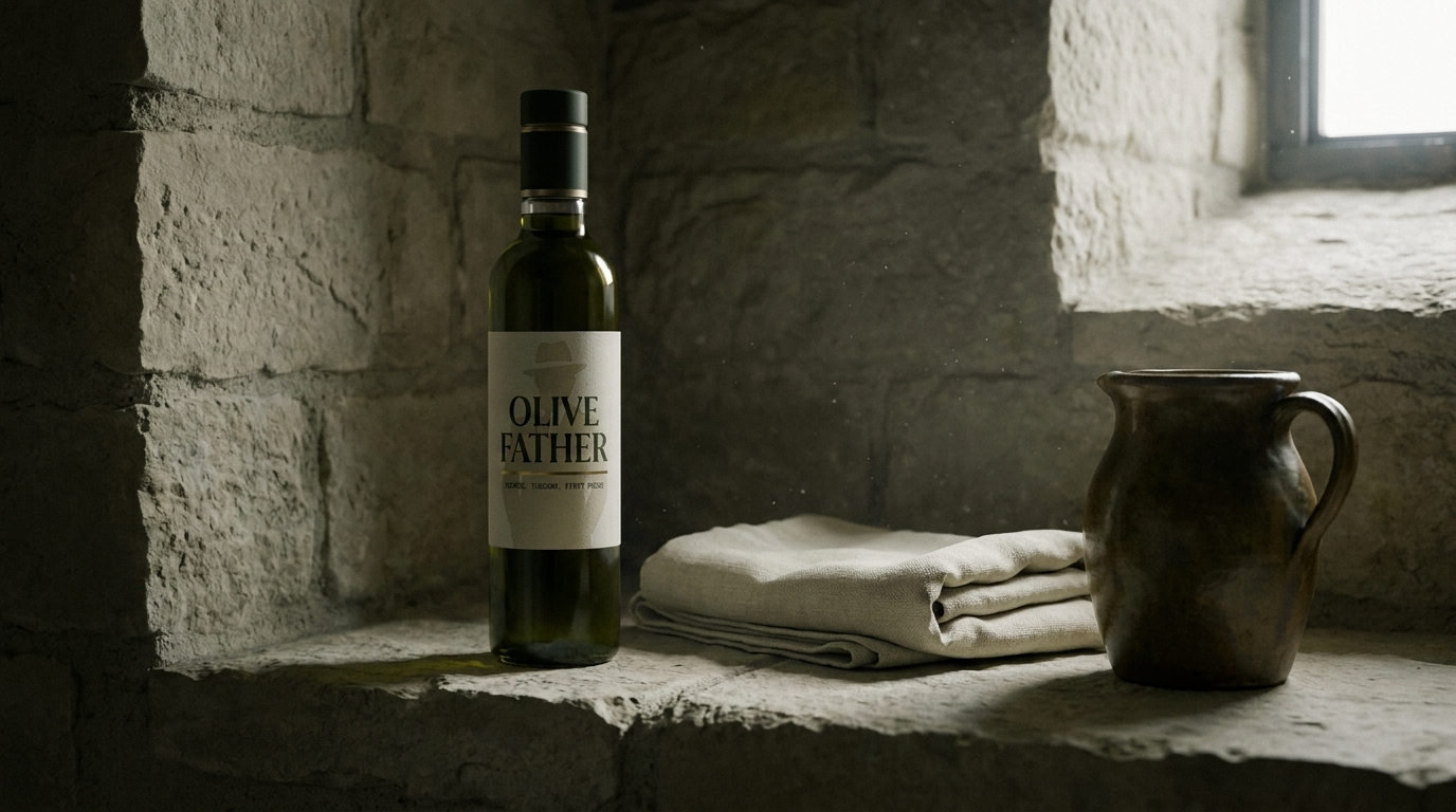 A dark green bottle of extra virgin olive oil stored correctly in a cool, dim stone pantry away from light and heat