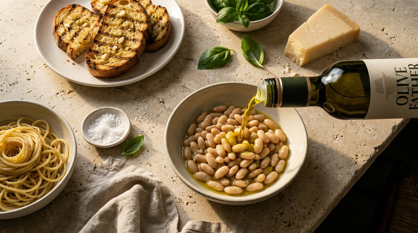 An Italian family table of dishes finished with Olive Father extra virgin olive oil - white beans on grilled bread, spaghetti aglio e olio, tomatoes and basil