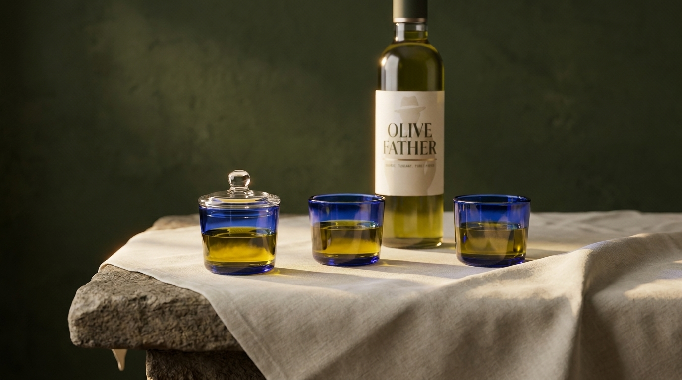 Cobalt-blue olive oil tasting glasses filled with green-gold extra virgin olive oil on bone linen, with an Olive Father bottle behind