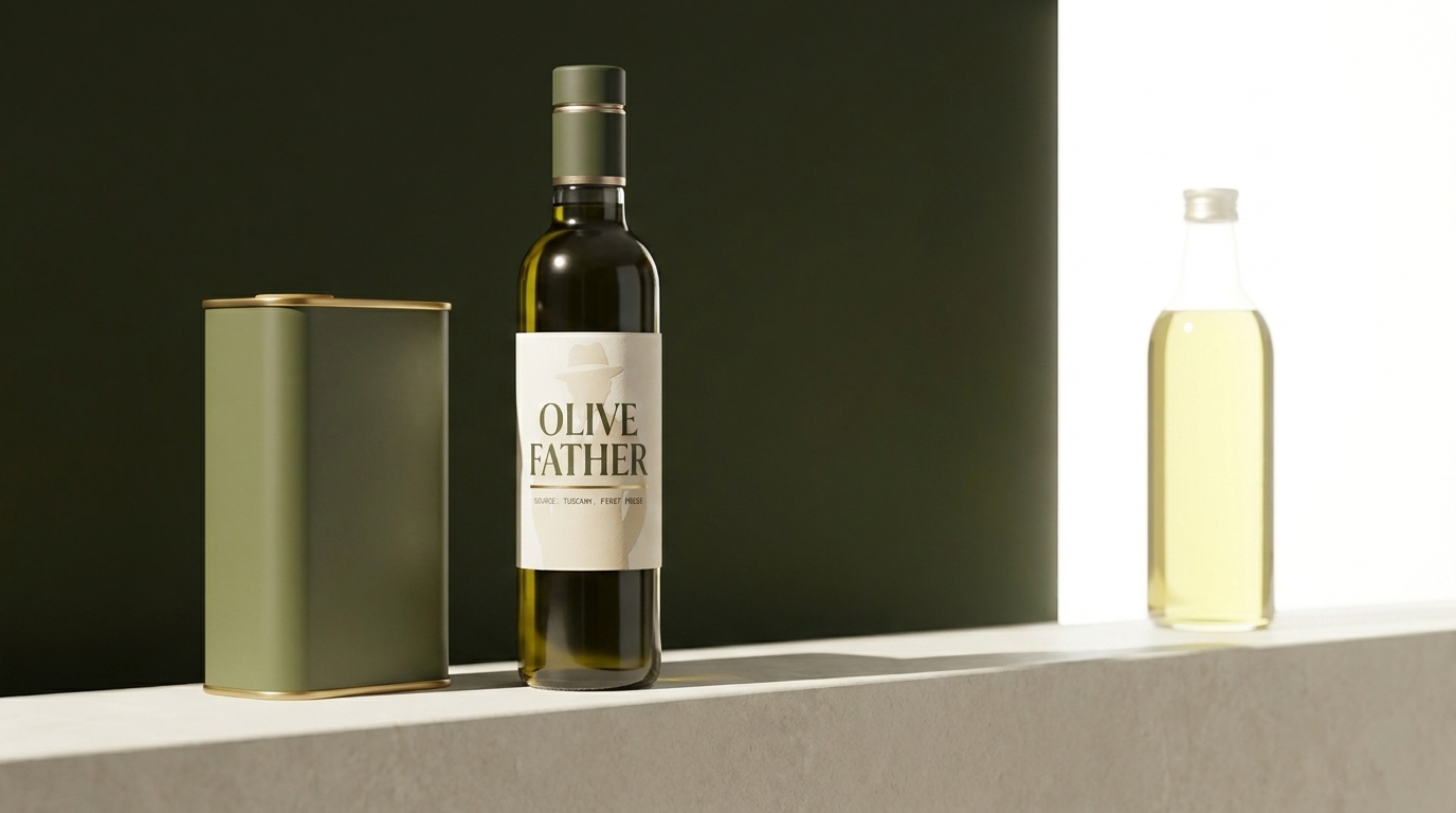 A dark glass Olive Father bottle and an olive-green tin in shade, beside a clear glass bottle of oil in harsh sunlight