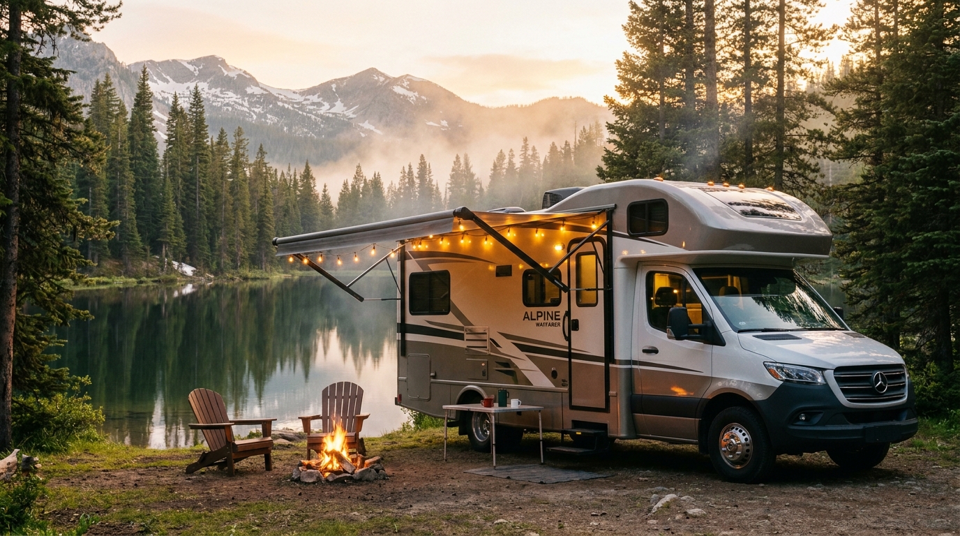 Class C motorhome camped beside an alpine lake at golden hour, awning out and campfire lit, with pine forest and mountain peaks reflected in the water