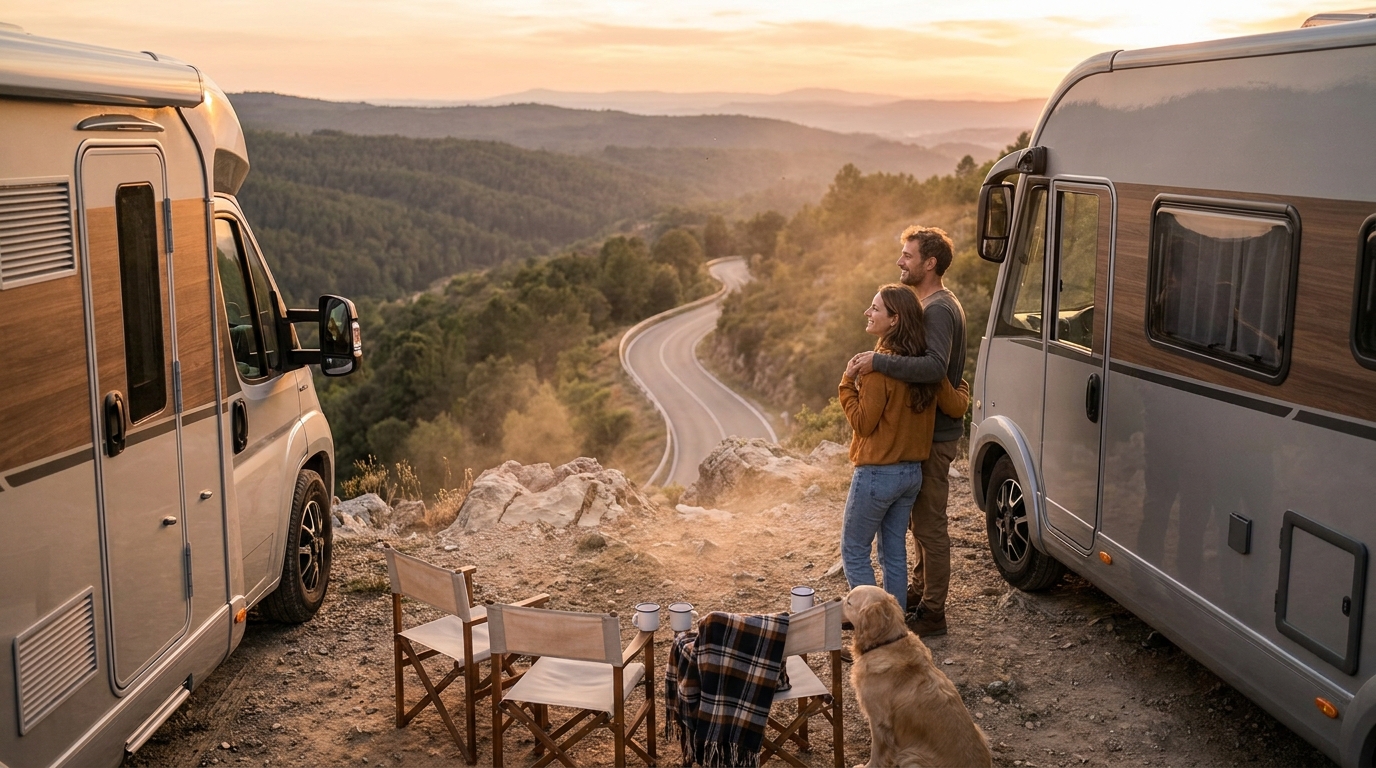 Couple and their dog beside their motorhome at a golden-hour mountain overlook, gazing out over a valley and winding open road