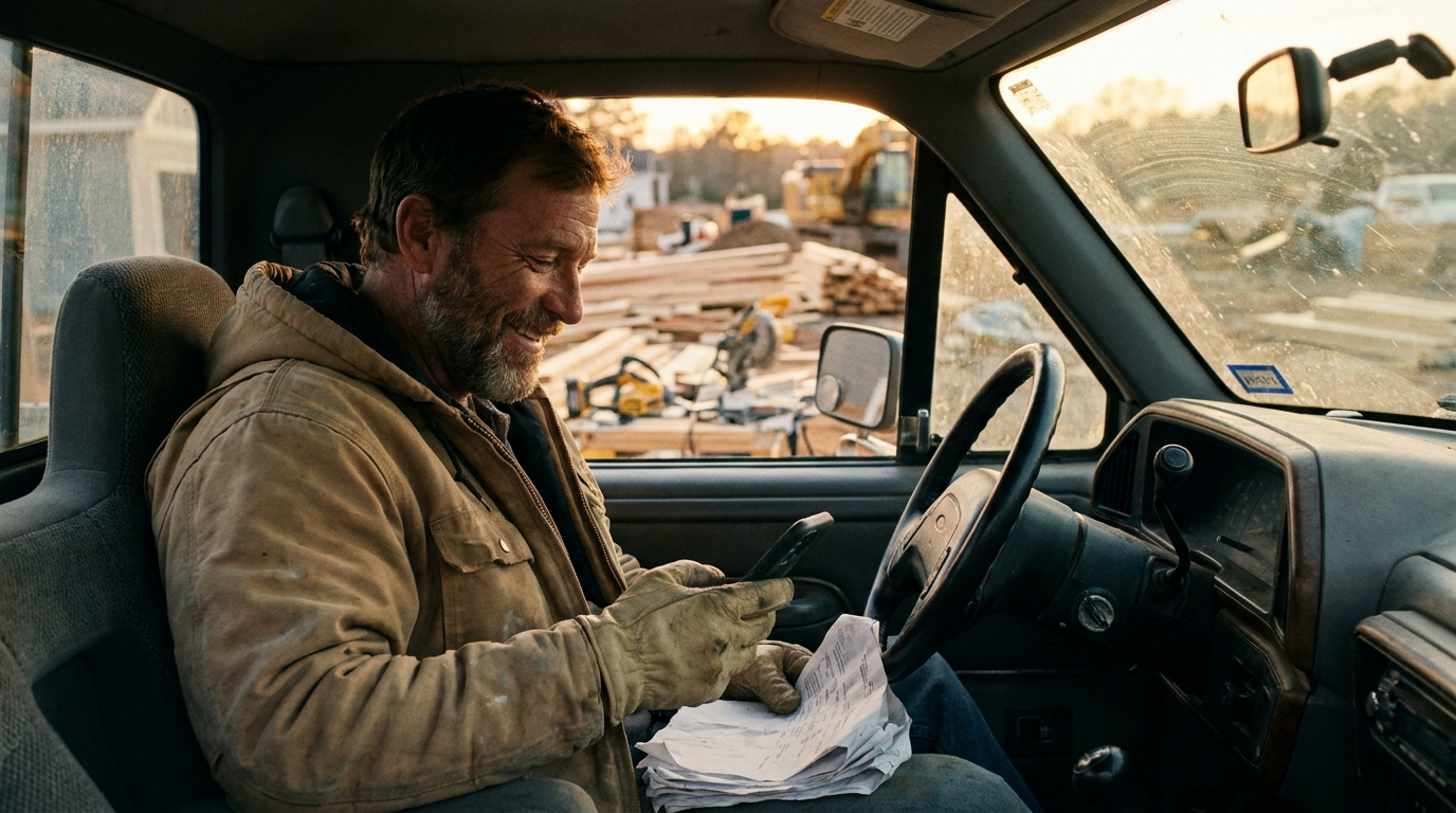 Contractor finishing his estimate from the truck