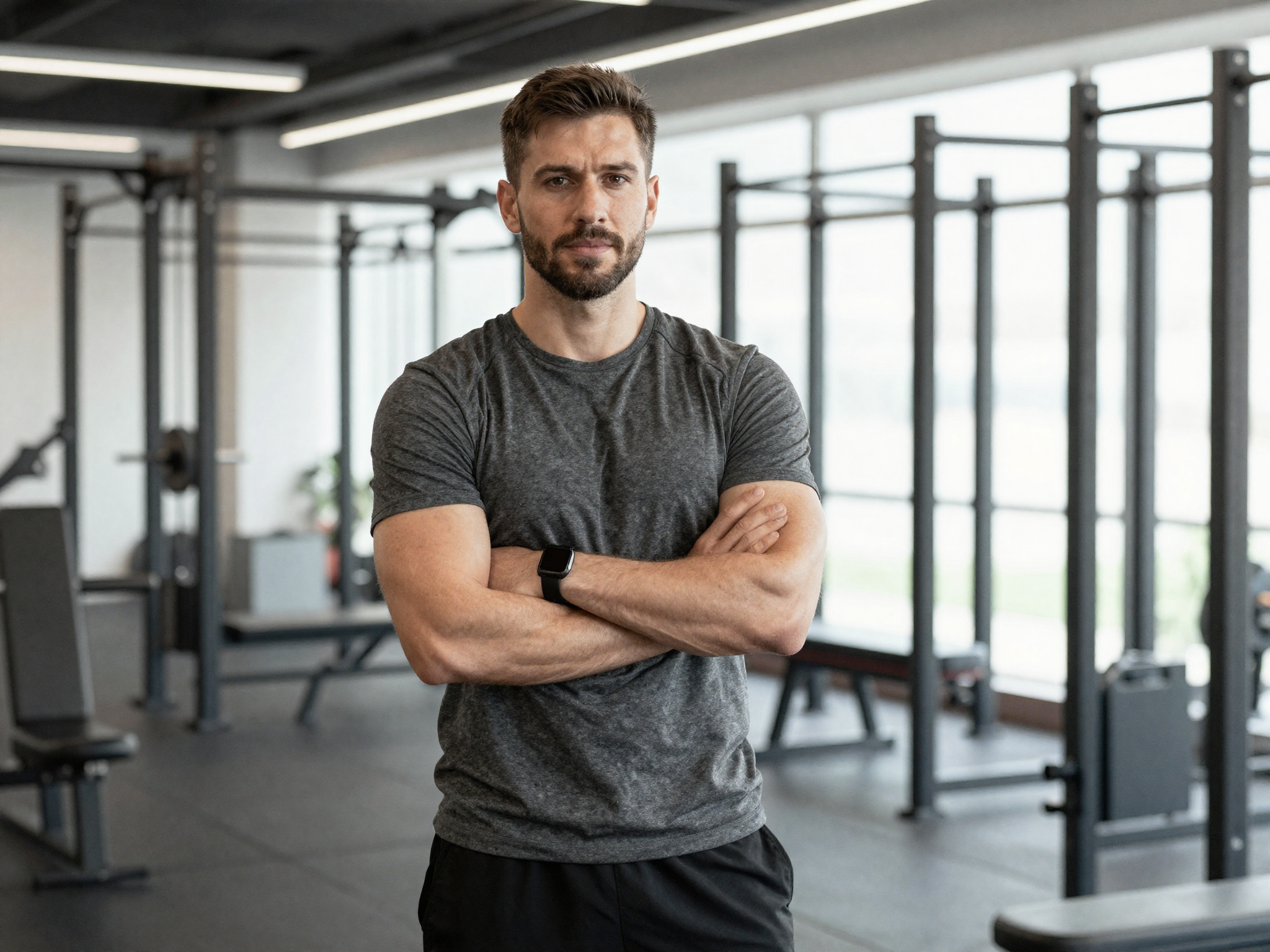 A confident fitness coach in a modern gym