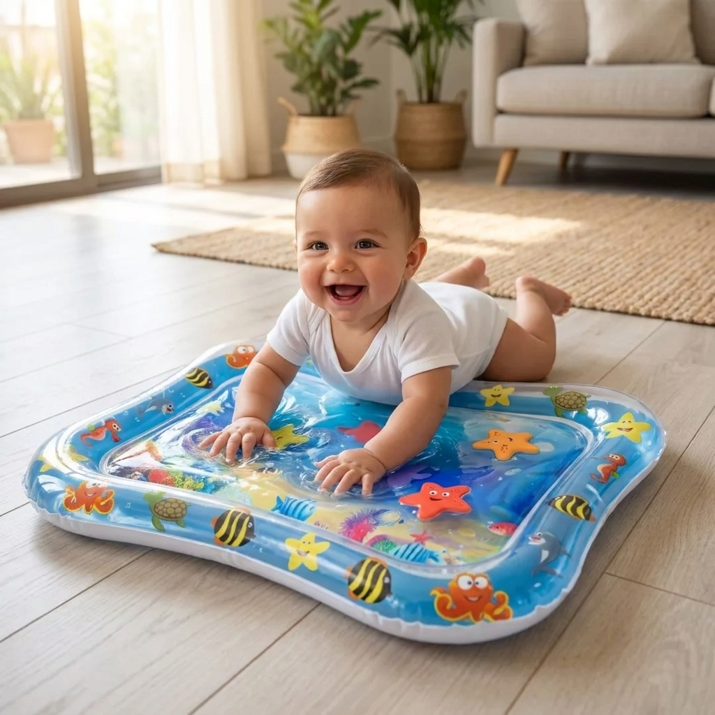 Bebé jugando en la sala sobre el tapete de agua