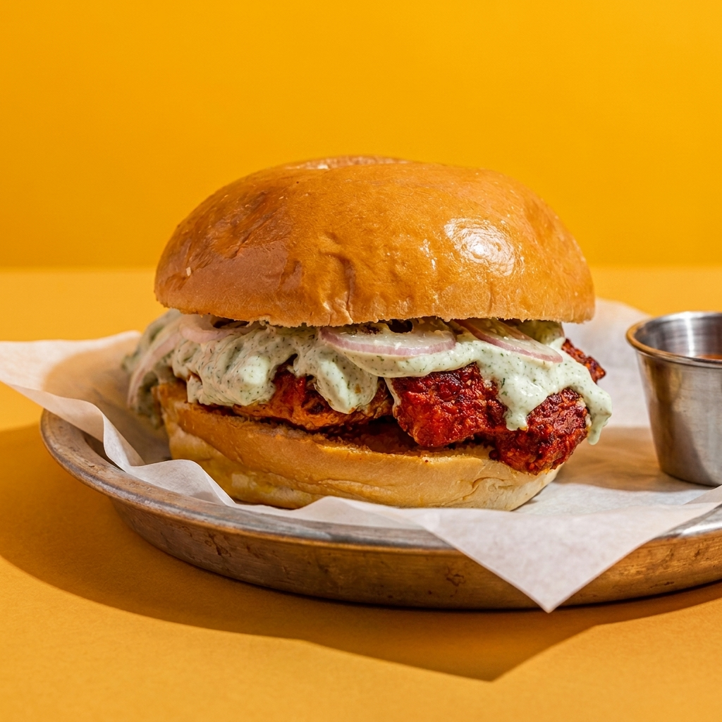 The OG Tandoori Burger on a brand-yellow studio backdrop