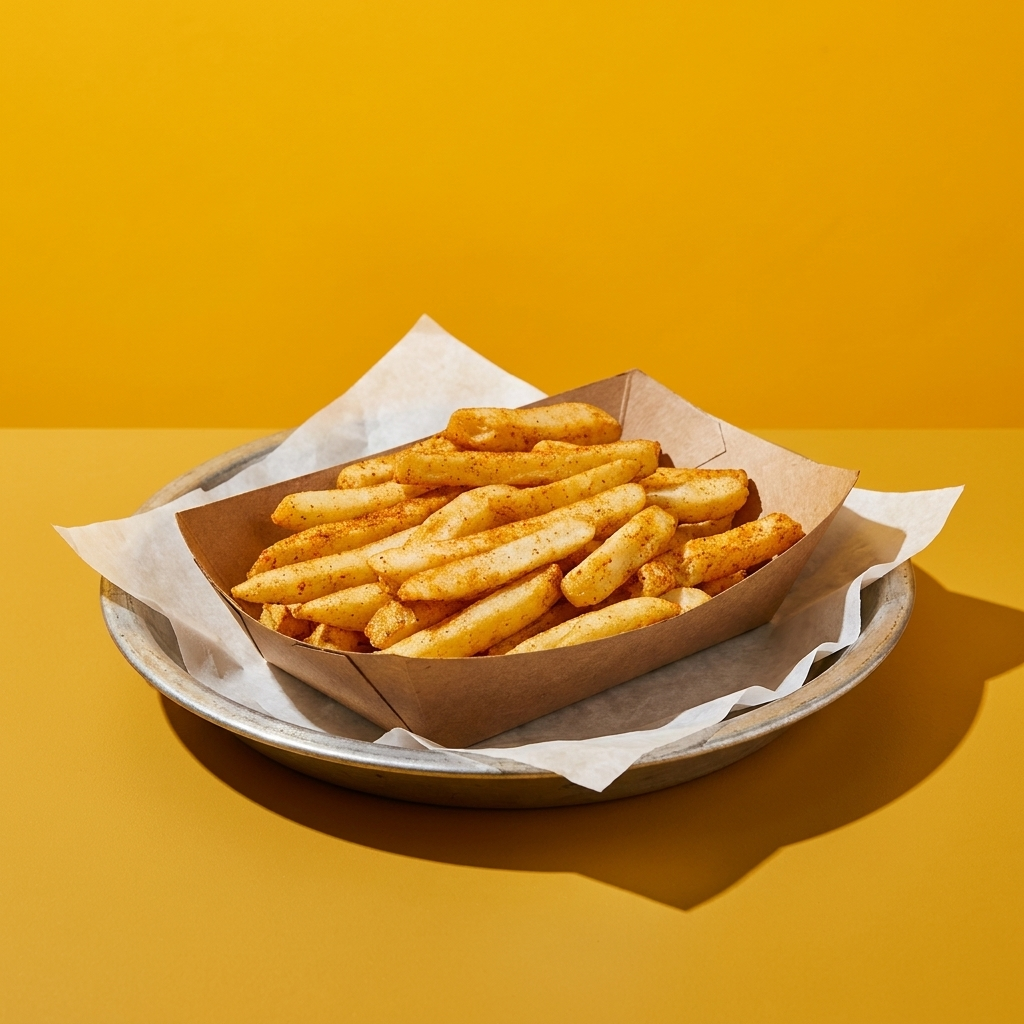Masala Fries on a brand-yellow studio backdrop