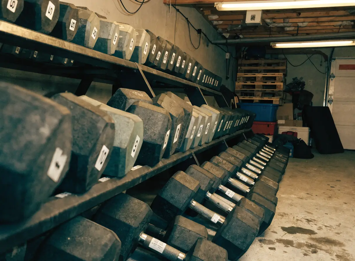 Large dumbbell rack taking up space in a home gym